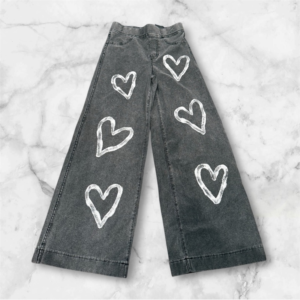 H&M Kids Gray Jeans with White Heart Design. Stretch wide leg jeans.